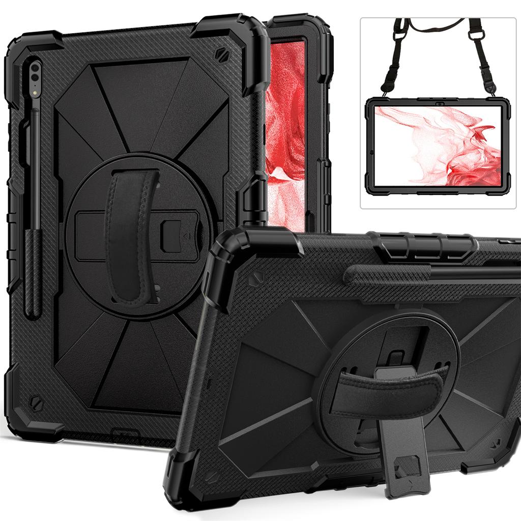 For Samsung Galaxy Tab S7/ Tab S8/ Tab S7 FE/ Tab S7+/ Tab S8+ Built-In Apple Pencil Groove Shoulder Strap Design 360° Rotating Grip Shockproof Case