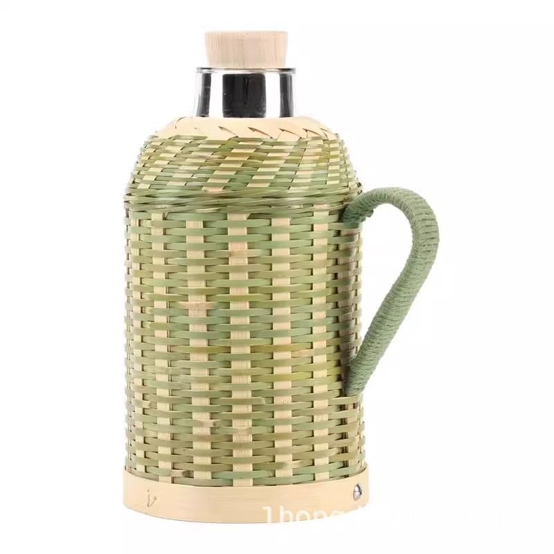 

Large Capacity Bamboo Woven Hot Water Bottle - Handmade, Retro Green Design for Home, Tea Room, or Restaurant. Yellow Bamboo White Liner 1.3L