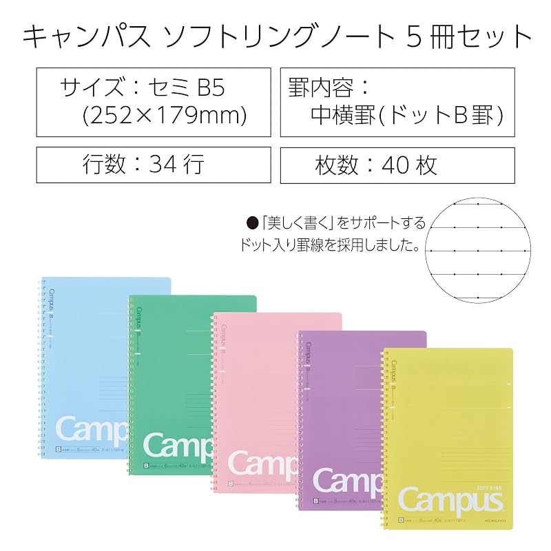 KOKUYO Campus Soft Ring Notebook, Dot Ruled, 40 Sheets, B5 Size, Set of 5 (SU-S111BTX5CSET)