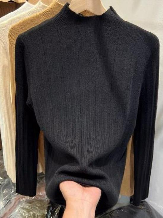 Women's Slim Fit Knit Long Sleeve Sweater Top with Half High Neck - 2023 Autumn/Winter Collection