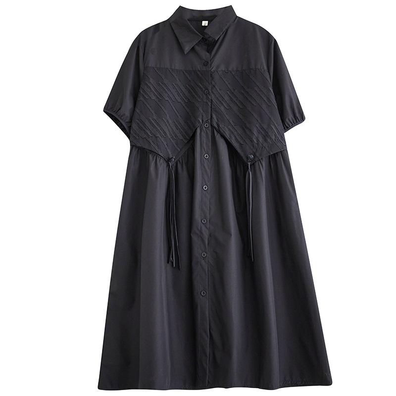 

Винтажное черное новое платье больших размеров с коротким рукавом для женщин, повседневное свободное летнее платье-рубашка миди