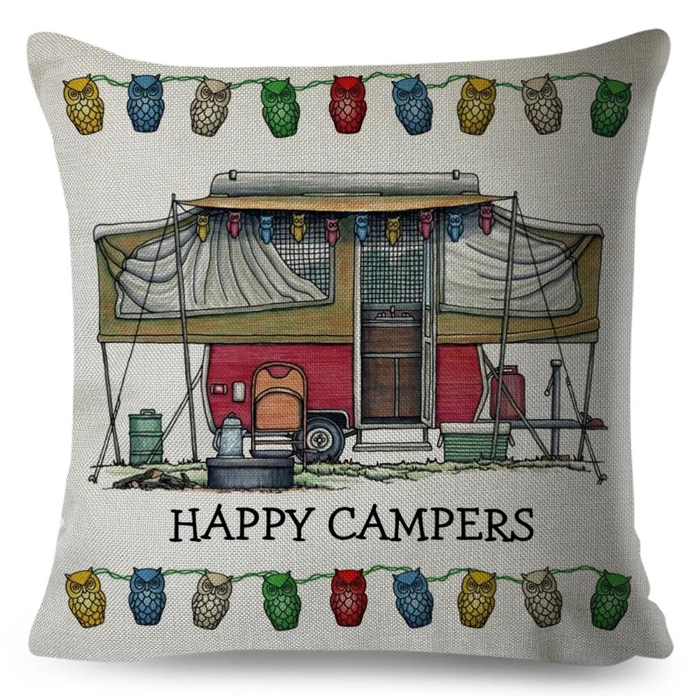 Happy Camper Pillowcase Decor Cartoon Travel Car Printed Pillow Case for Home Sofa Children Room Polyester Cushion Cover 45x45cm