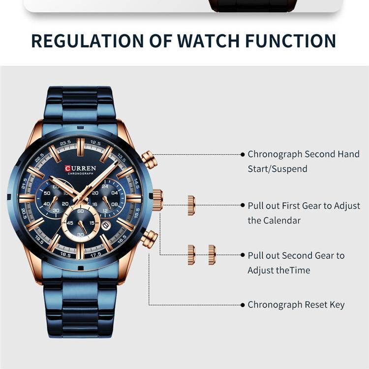 CURREN Steel Strap Watch Simple Calendar Large Dial Business Watch Waterproof Men's Fashion