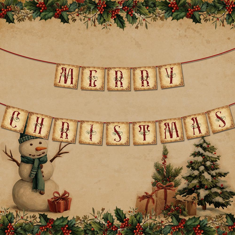 Christmas Decorations - Vintage Merry Christmas Banner - Retro Nostalgic Traditional Old Fashioned Victorian Xmas Holiday Decor