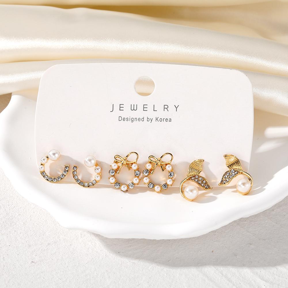 2023 Mermaid Tail Bow Deluxe Card Holder Earrings 3 Pcs White Crystal Elegant Earrings Diamond Love Pearl Girl Cute Earrings Set Decoration Gift