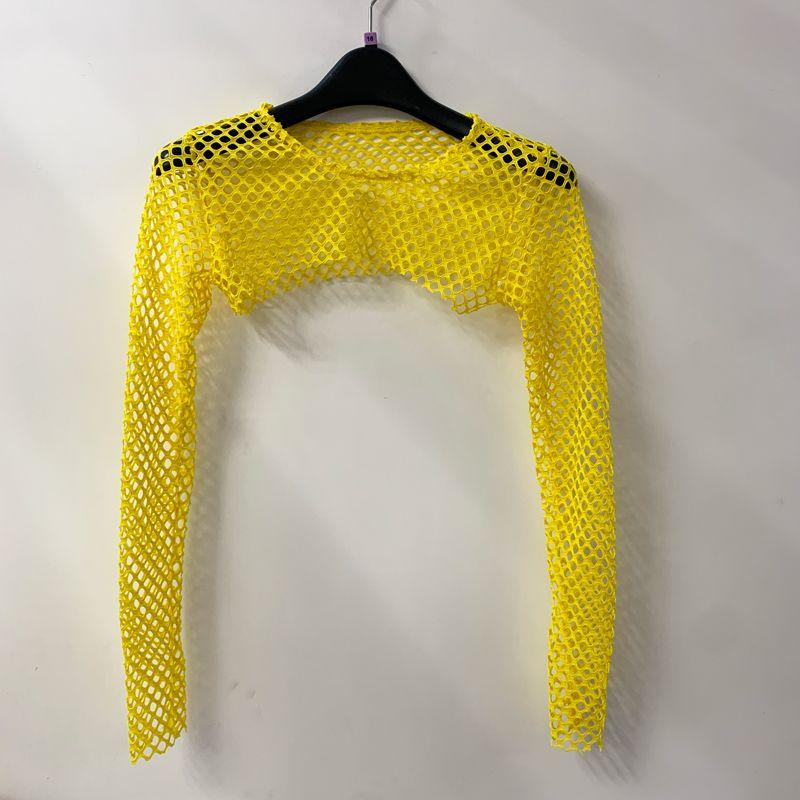 

Ультракороткий сетчатый топ с длинными рукавами, женская шаль-нарукавник, футболка свободного большого размера, персонализированный вырез-сетка, дышащая, личность, трендовая блузка Yellow S