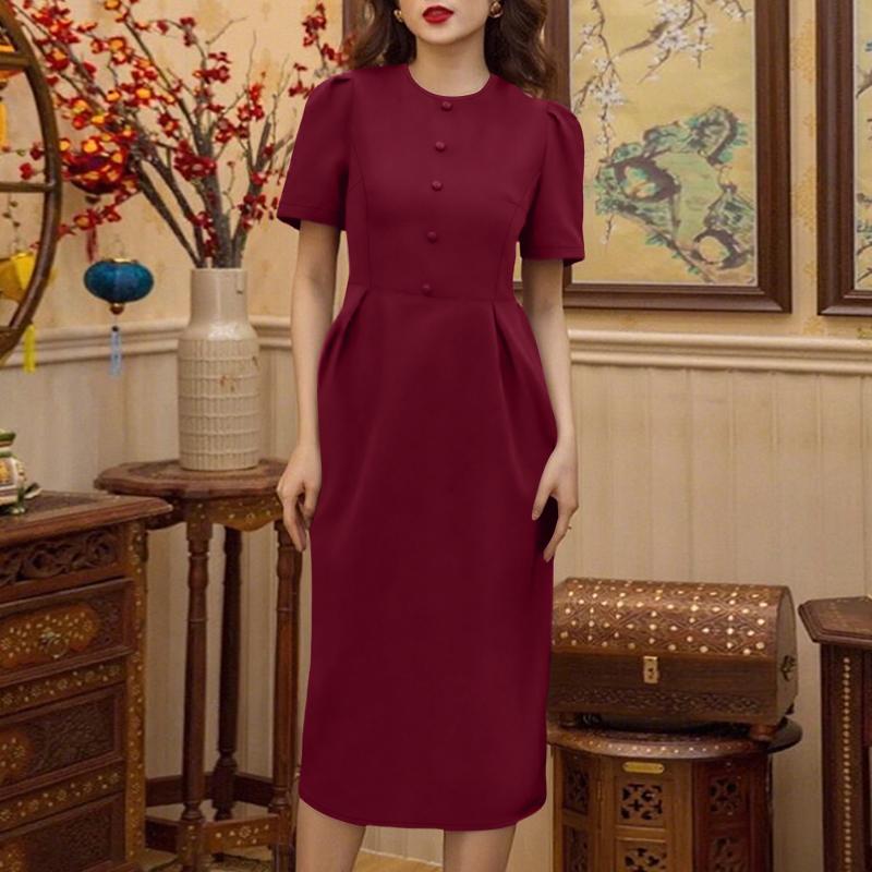 

ZANZEA Women Summer Round Neck Casual Short Sleeve Sheath Dress S червоний