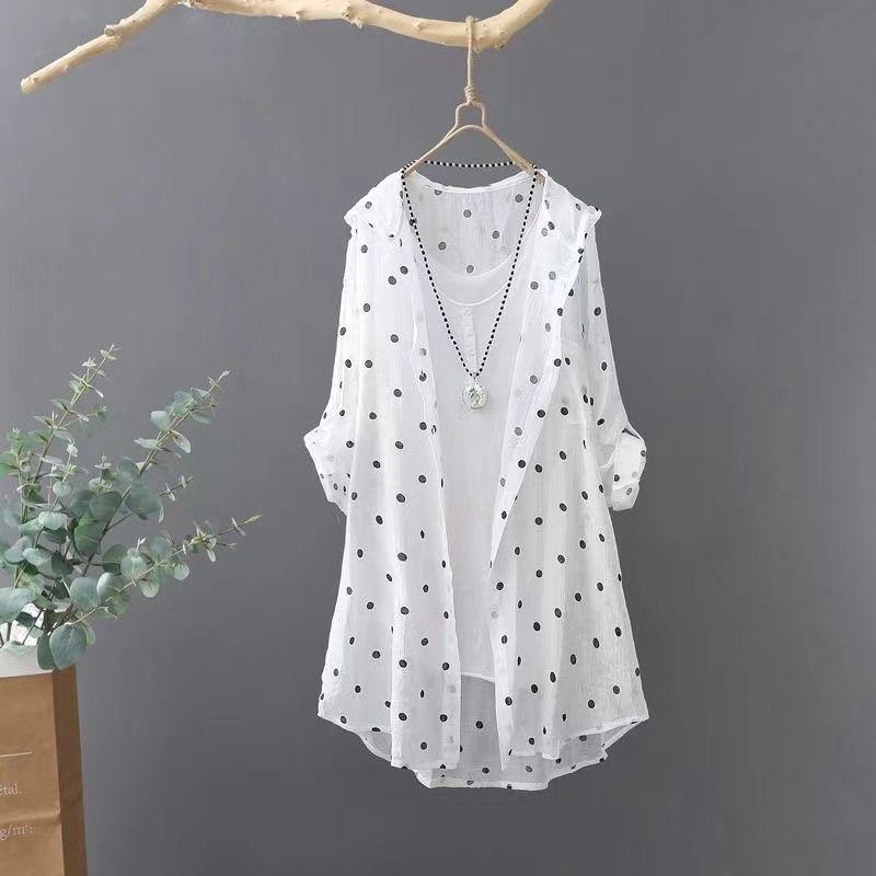 Hooded Polka Dot Long Sleeved Shirt for Women In Summer Loose Mid-length Thin Cardigan Sun Protection Jacket