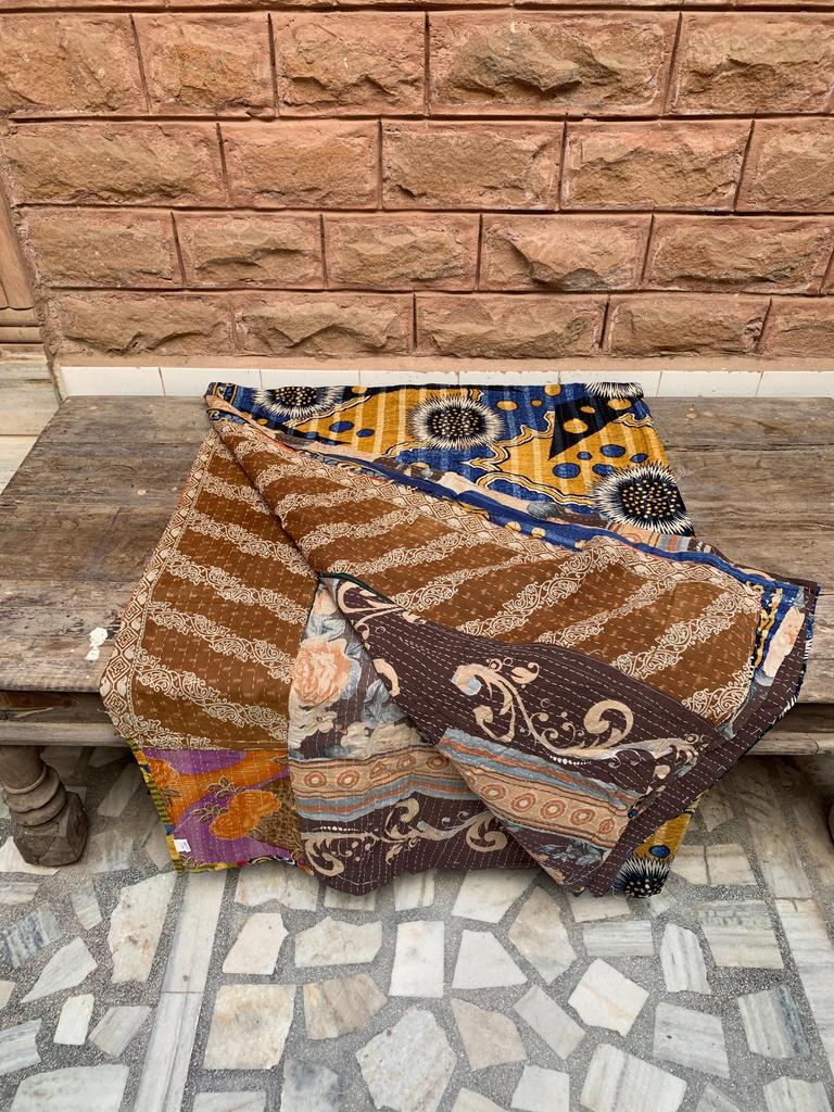 Vintage Kantha Quilt: Abstract Boho Patchwork Throw Blanket