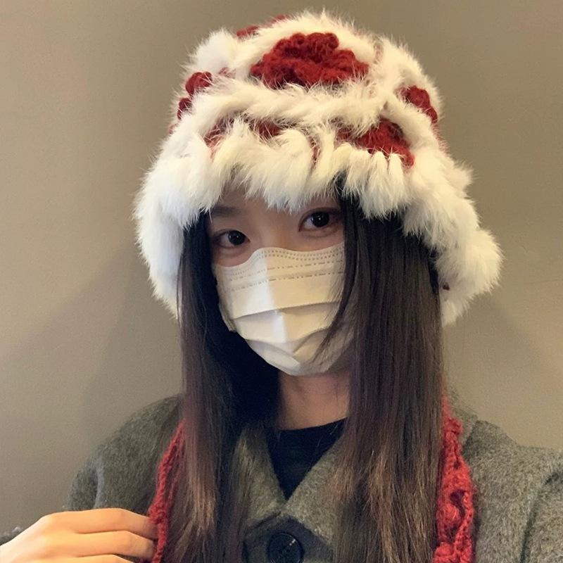 Rabbit fur flower knitted plush hat women's autumn and winter thickened warm face basin hat small versatile fringed bucket hat