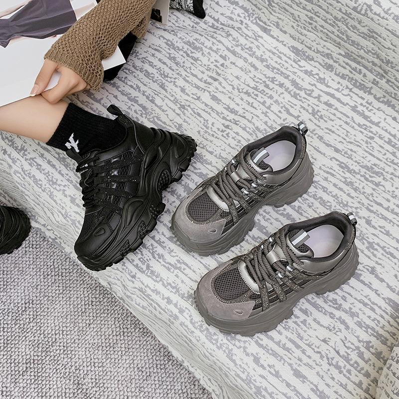 Thick-soled lightweight and breathable dad shoes women's 2025 new rhinestone mesh super fire casual fashion sports shoes women's boots