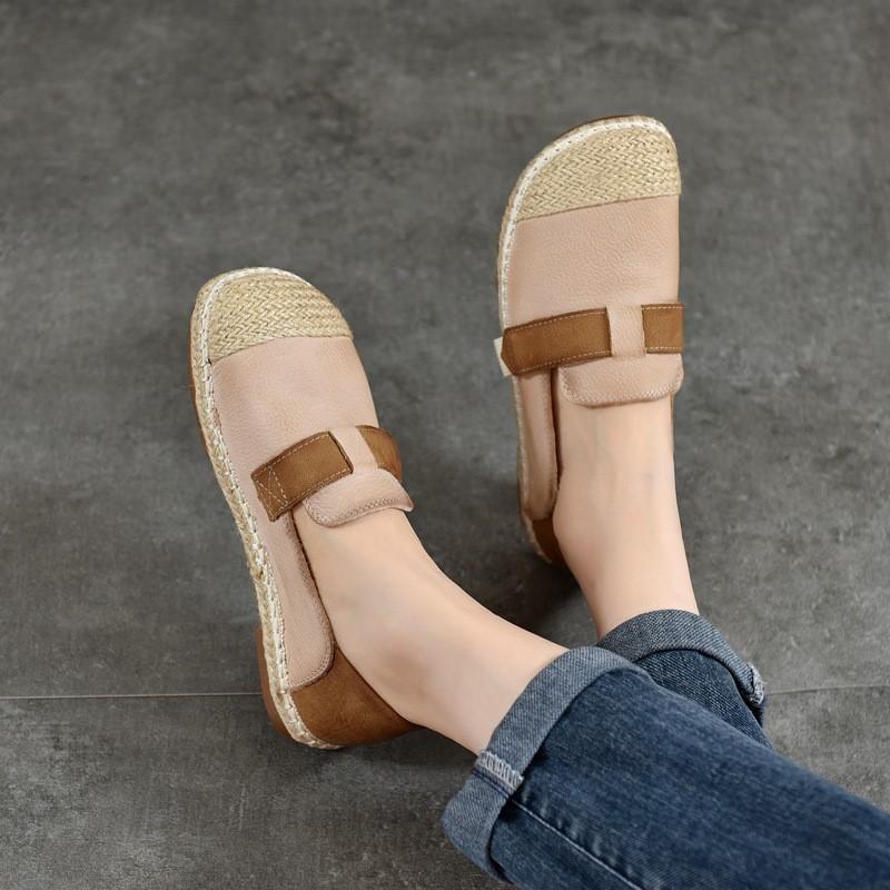 Johnature Retro Loafers Genuine Leather Mixed Color Women's Shoes Casual Versatile Flat Shoes