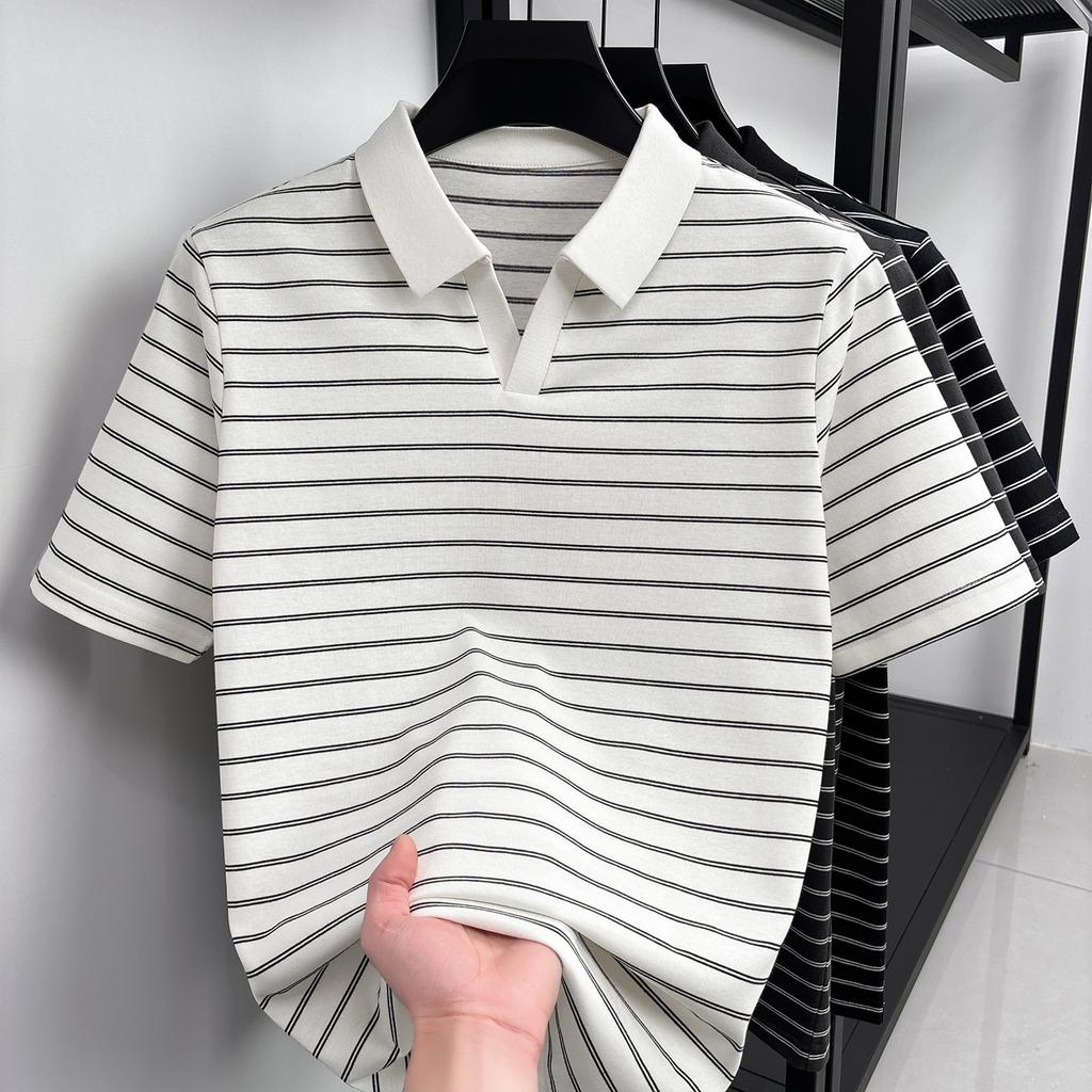[Clean and Elegant] Jovo Skin friendly Breathable Men's Striped Collar Short sleeved Top