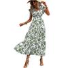 Bohemian Style Women's Summer V Neck Waist Cinched Floral Print Maxi Dress with Short Sleeves and Ruffled Hem for Casual Wear