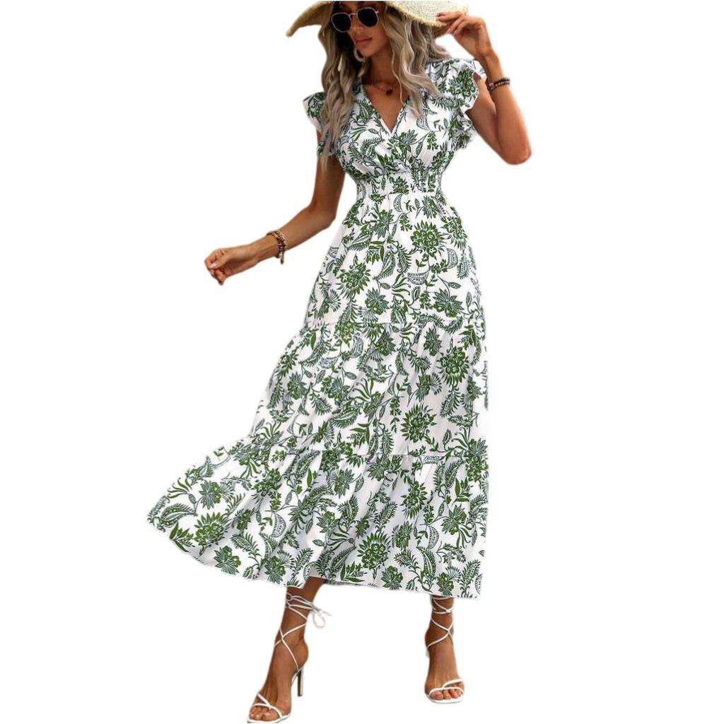 Bohemian Style Women's Summer V Neck Waist Cinched Floral Print Maxi Dress with Short Sleeves and Ruffled Hem for Casual Wear