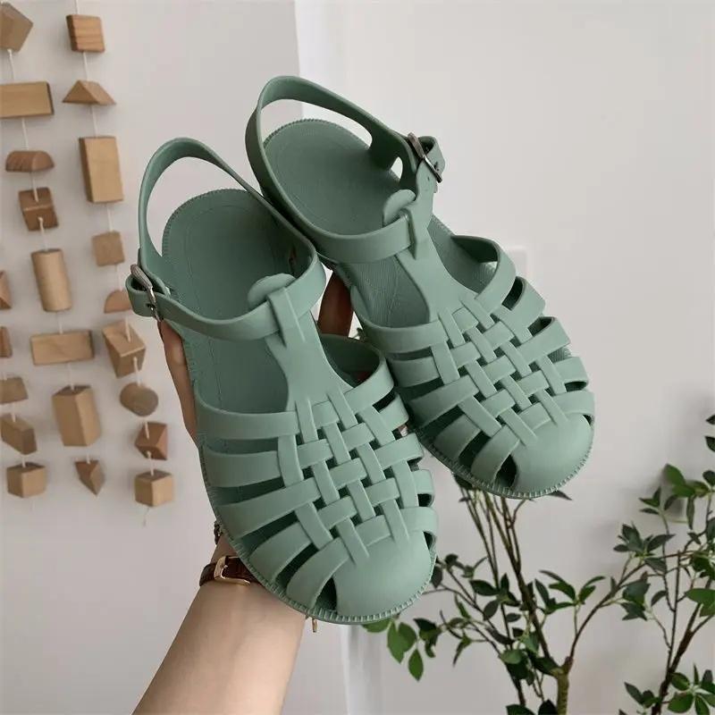 Green Fashion Casual Anti-Slip Flat Bottom Jelly Shoes Women Summer Student Retro Fairy Style Hollow Woven