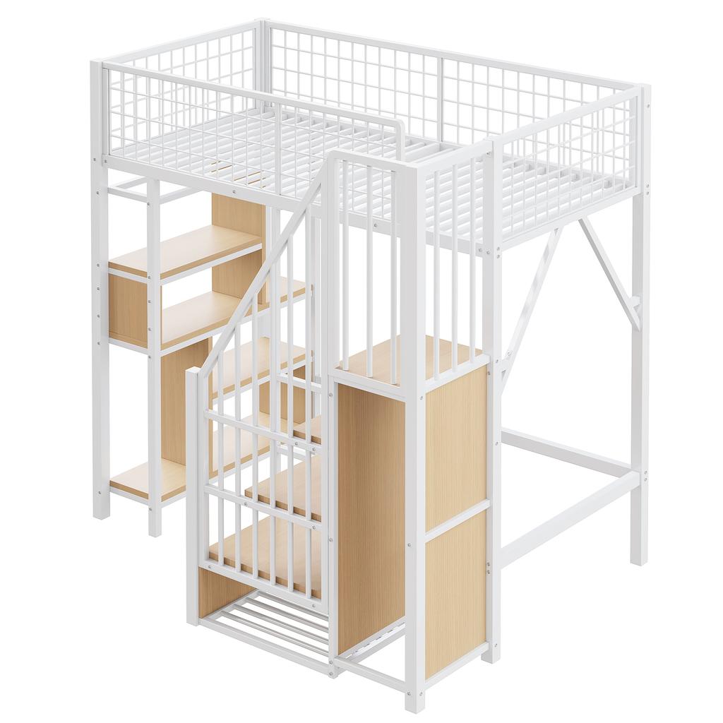 Letto a Soppalco Multifunzionale 90 x 200 cm, Letto in Metallo con Contenitore, Spazio a Ripiani e Scala, Letto per Adulti e Bambini, Bianco