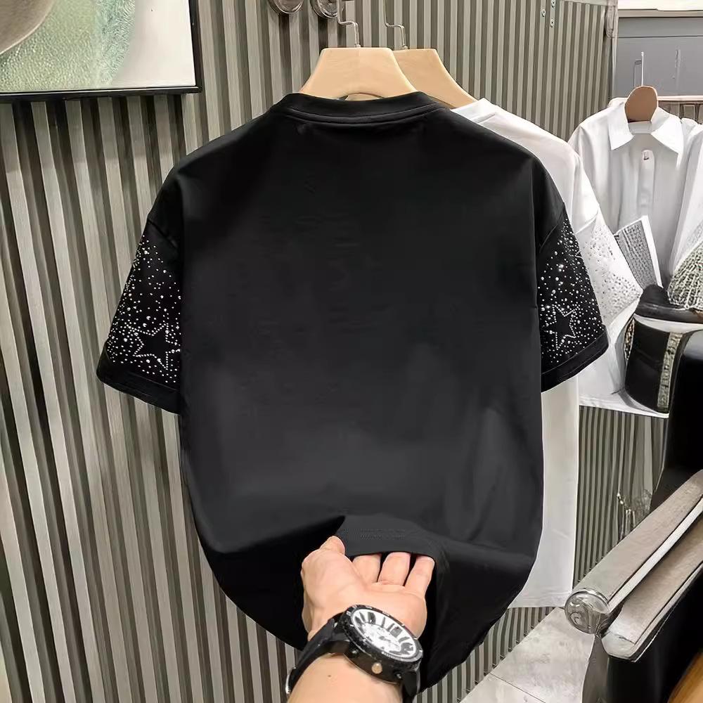 Summer Rhinestone Rivet T-shirt for Men Clothing Round Neck Casual T-shirt Fashion High Street Men's Summer Short Sleeves