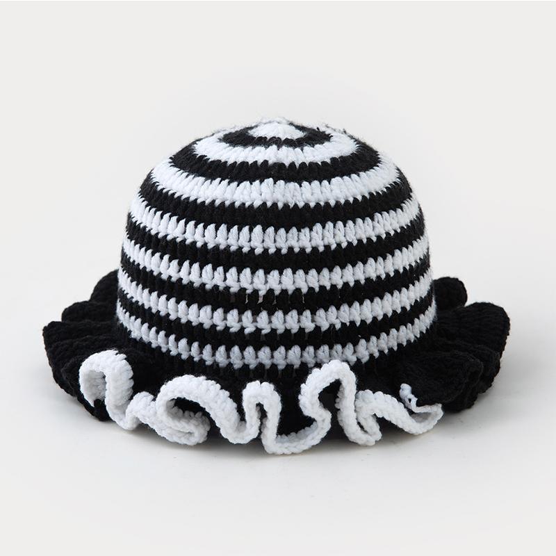 New Colorful Crochet Ruffle Brim Knit Bucket Hats Winter Woman Handmade Stretch Fisherman Cap Outdoor Warm Windproof Beanie Hat