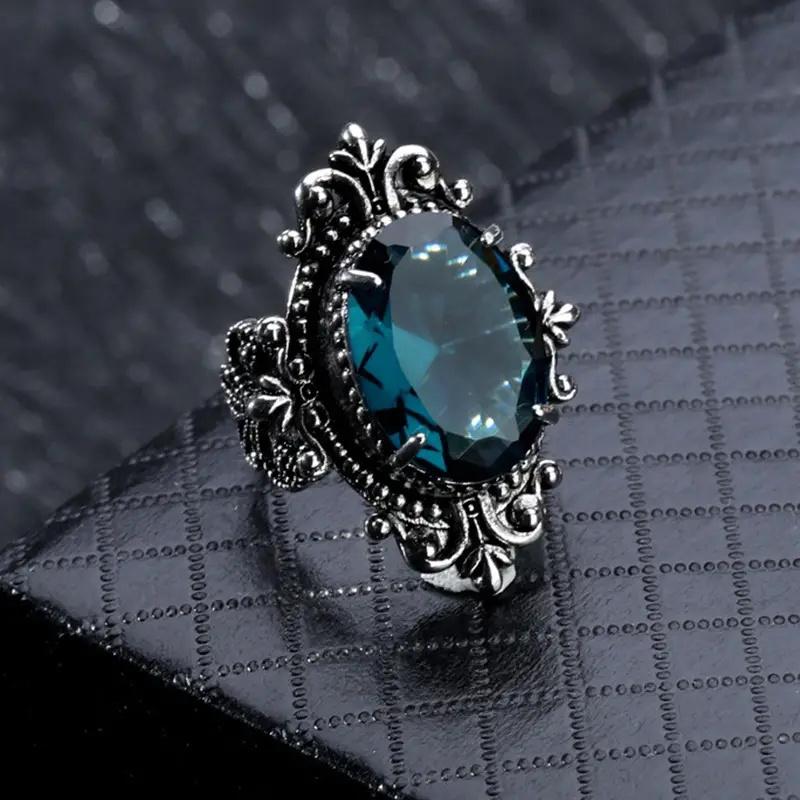 Huitan Carved Pattern Vintage Women Rings with Oval Blue CZ Stone Retro Female Rings for Party Chic Anniversary Gift New Zircon