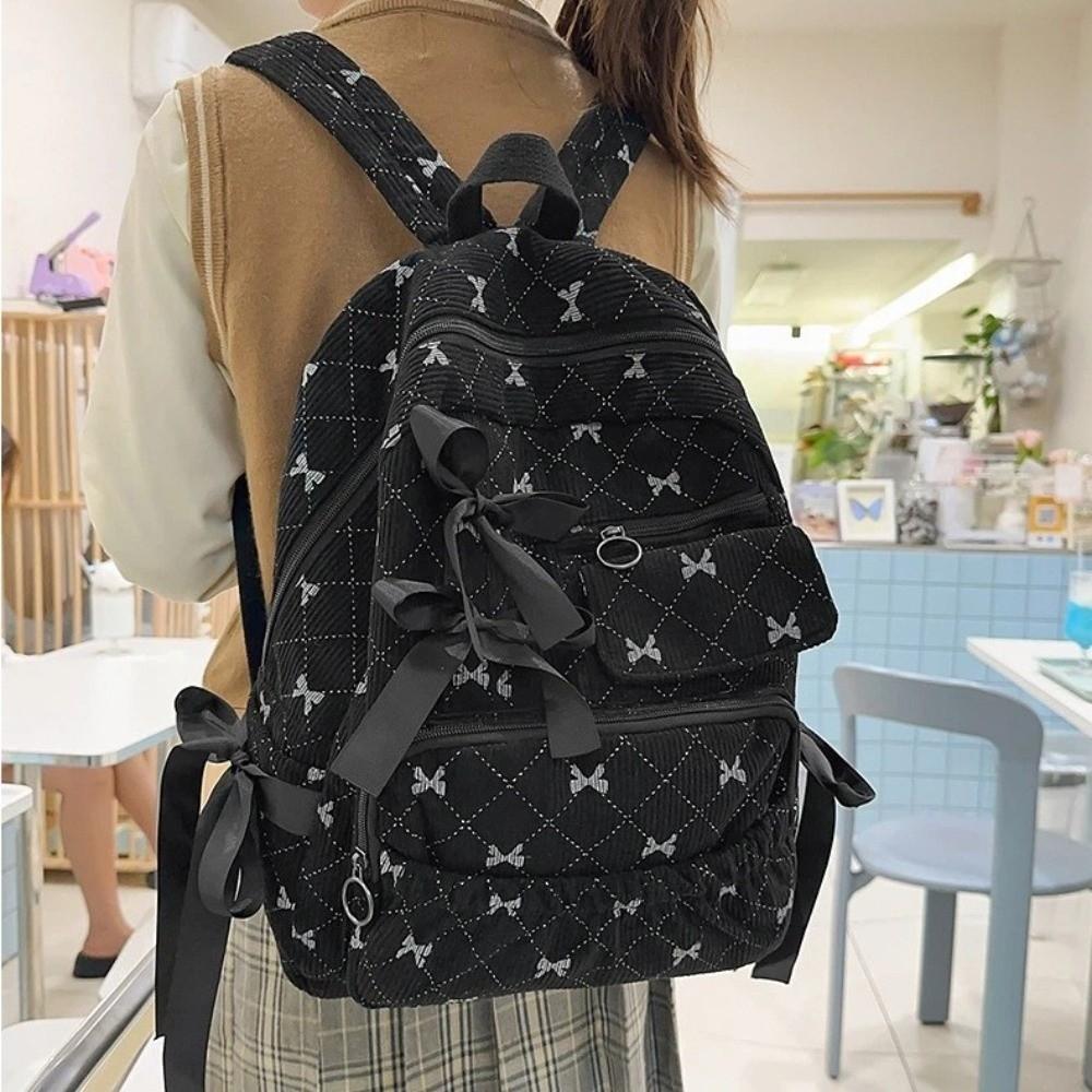 1PC Fashion Corduroy Bow Schoolbag Large Capacity Bow Print Backpack Bag Ins Style Students Backpack Women Students Backpack