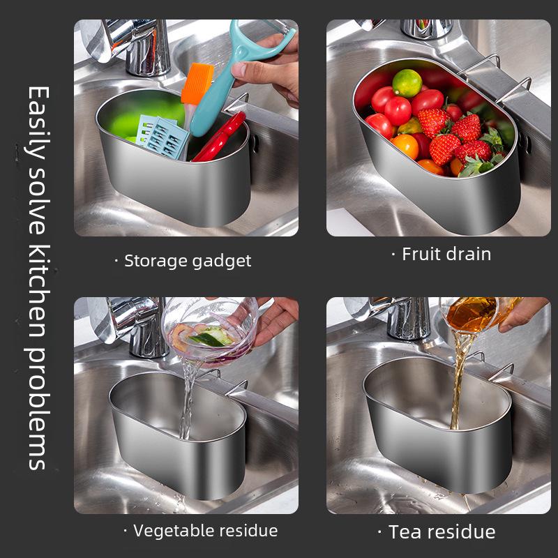New 304 Stainless Steel Multi-Function Sink Drain Basket with Filter & Hanging Rack