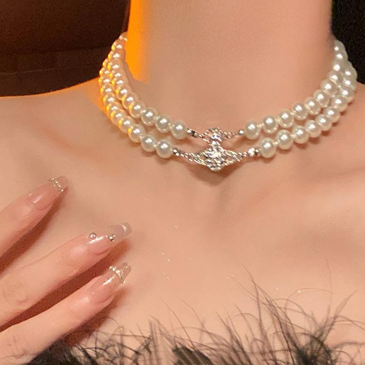 

Планета Сатурн двойное жемчужное ожерелье женский чокер легкая роскошь высококлассные аксессуары многослойная нишевая ключичная шейная цепочка