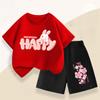 Summer Girls' Casual Set: Cute Rabbit Print Breathable T-shirt + Short-sleeved Pants Fashionable and Comfortable Set