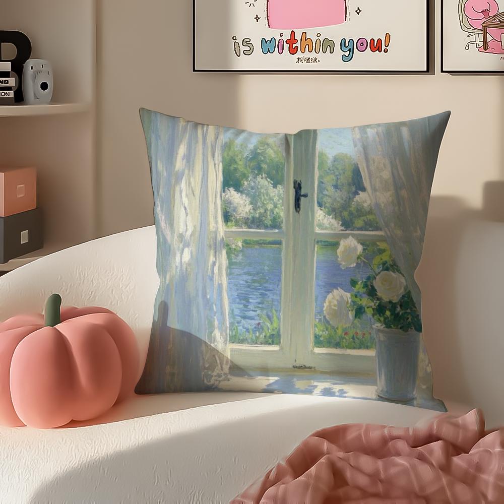 Landscape Style Painting Art Cushion Cover Pillowcase Short Plush Invisible zipper Room Sofa Cushion Cover