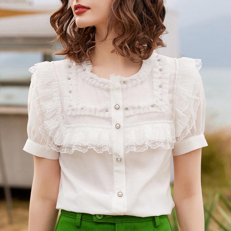 Women's French Elegant Beaded Pleated Short Sleeve Blouse