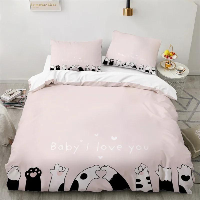 Cute Cartoon Animals Pink Toddler Bedding Set 3D Funny Cat Print Duvet Cover Twin Queen Size For Teens Kids Girls Bedroom Decor