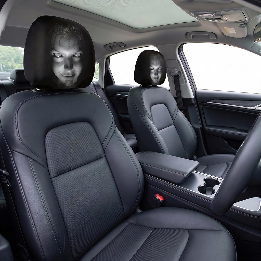 2Pcs Universal Car Headrest Covers Halloween Horror Face Printing Design Breathable Elastic Car Seat Headrest Cover Dustproof