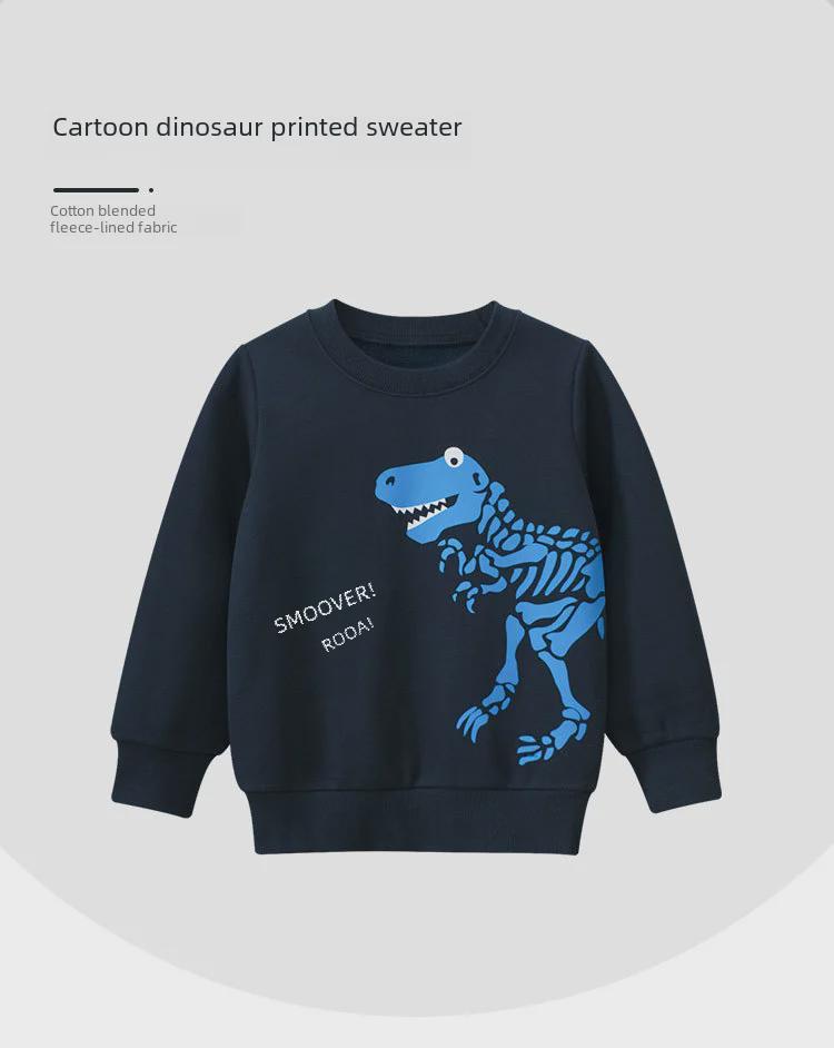 27Kids Korean Children's Dinosaur Cartoon Sweater - New 2024 Autumn/Winter Collection Plus Velvet Baby Clothes.