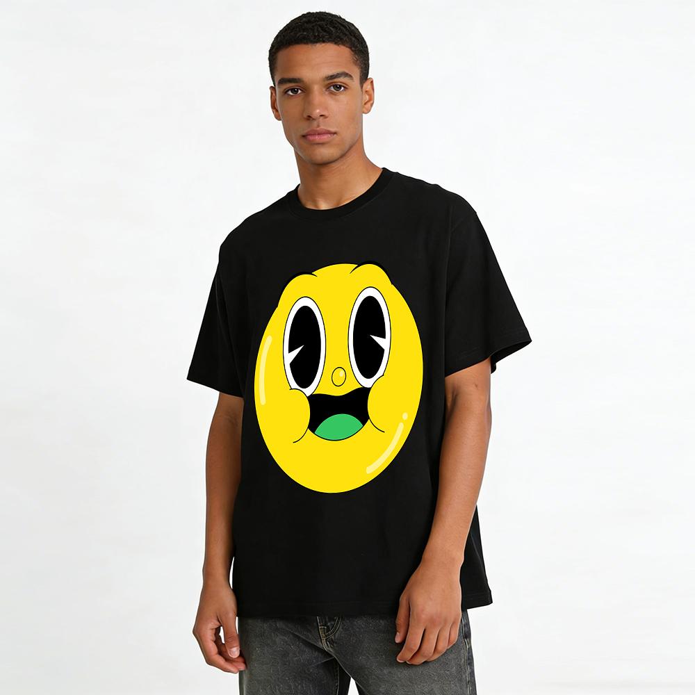 Vintage Cartoon Yellow Face Fun Print Casual T-shirt Unisex Loose Breathable Daily Top Pure cotton T-shirt