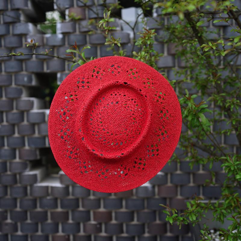 French Retro Red Hollow Woven Flat-Top Straw Hat Women'S Summer Sun Protection Travel Vacation Hat Japanese Sun Hat