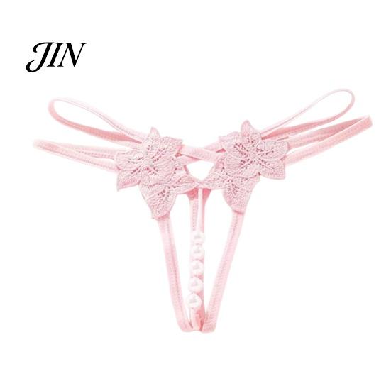 Open Crotch Thong Women's Sexy Faux Pearl G-String Thong, Low Waist Erotic Lace Embroidered Flower Underwear, Strappy Y-Back Stretch Panties Underwear