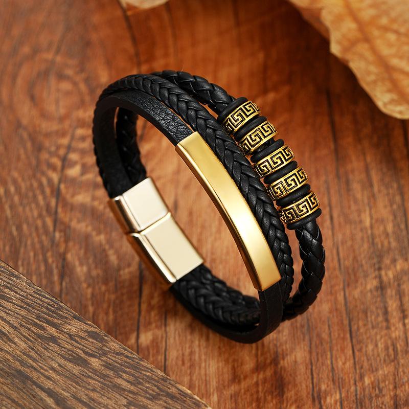 

Men s Great Wall Pattern PU Leather Bracelet Handwoven Multi Layer Wristband Fashion Accessory золотой