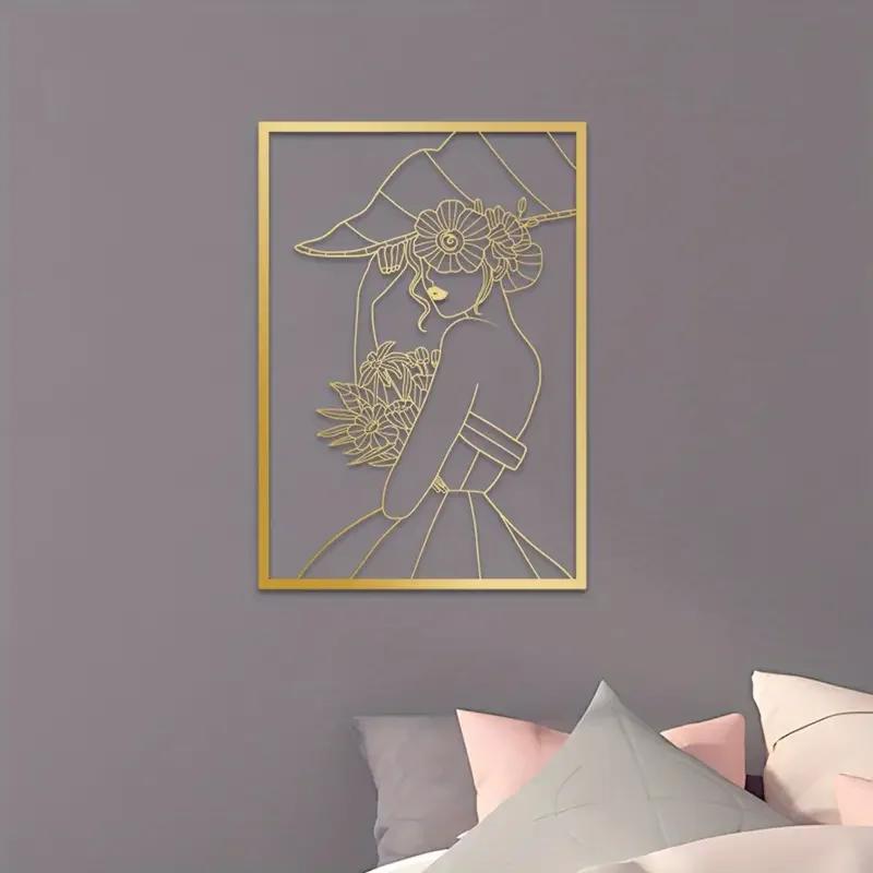 Vintage Lady Metal Wall Art - Modern Black and Gold Drawing | Minimalist Abstract Female Single Line Art for Home Decor