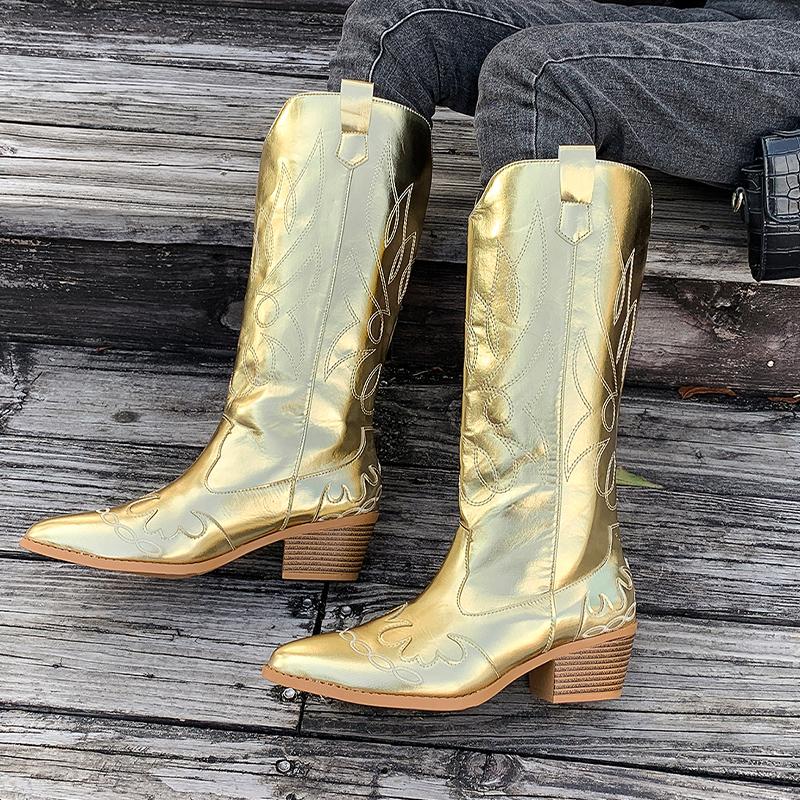 

Вышитые массивные женские высокие сапоги с острым носком, дизайнерские туфли на среднем каблуке 2025 года, зимние туфли-лодочки до колена, челси, Botas De Mujer 36