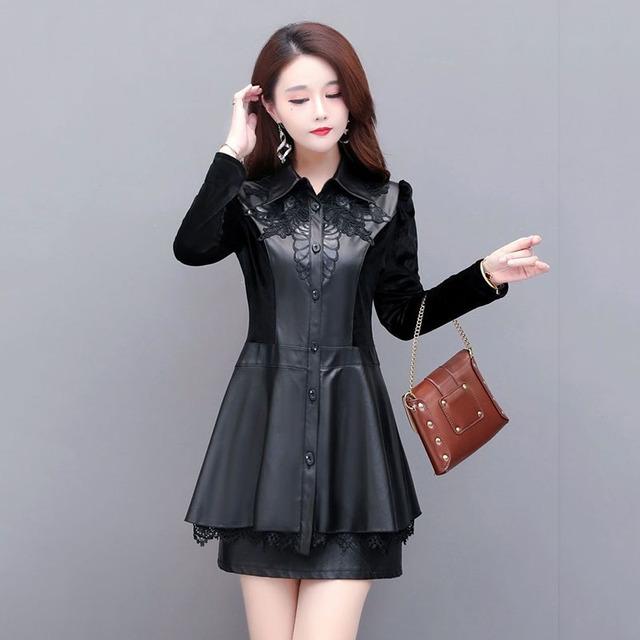 

Новая модная кружевная кожаная рубашка средней длины, женское пальто, однобортное весенне-осеннее женское кожаное пальто, S-6XL M