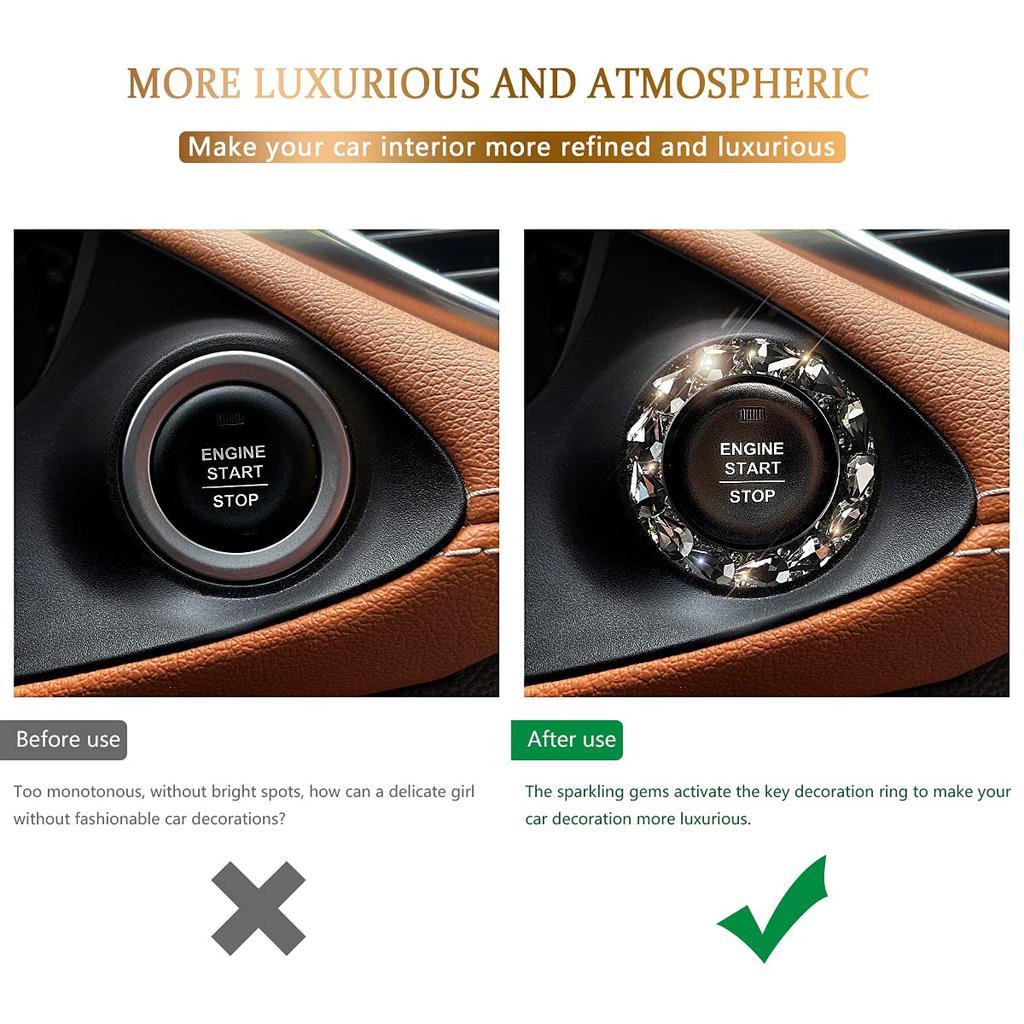 Car Engine Start Stop Button Cover, Shiny Crystal Rhinestone Cover Protection Ring,Black Bling Accessories, Accessories for Wowen (Black gem), outer