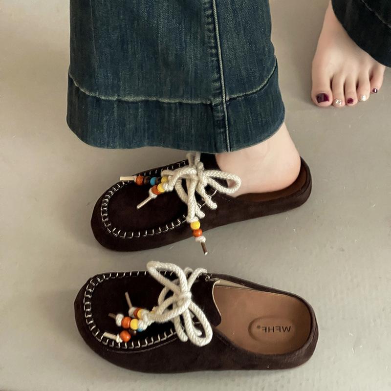 Fashion strap bow half slippers women's summer retro outer wear Muller style casual and comfortable non-slip bag head drag moisture