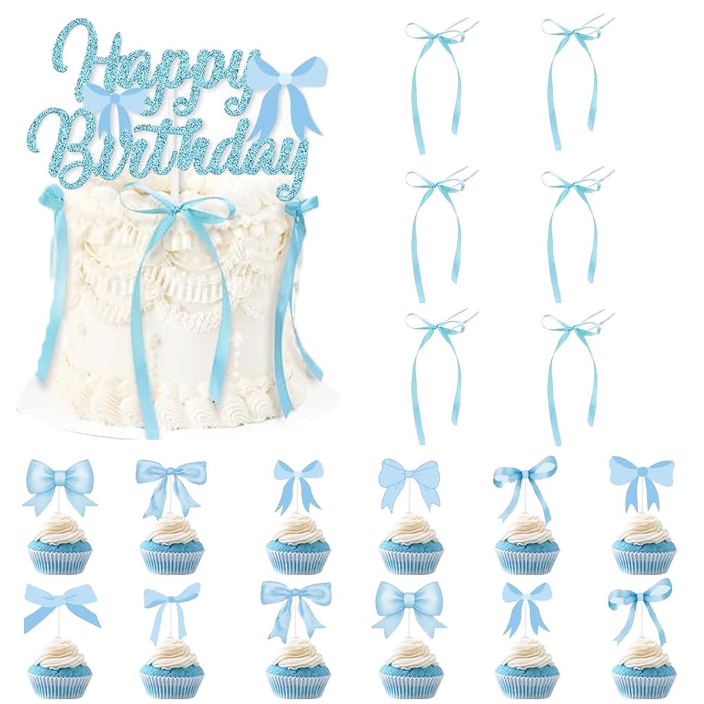 19 Pcs Bow Cake Decoration,Black Pink Blue Bow Birthday Cake Decorations, Ceremonial Birthday Decor,Bow Happy Birthday Cake Top