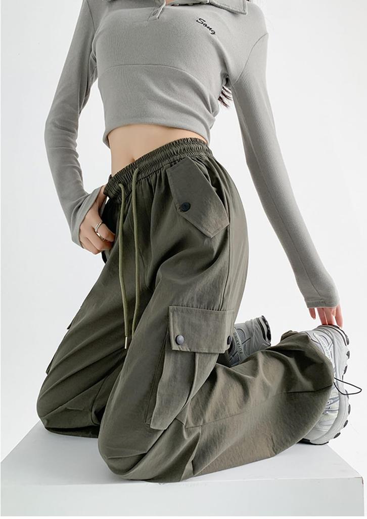 JHIJSC Autumn Cargo Solid Loose Plus Sizes Women's Pants, Wide-Leg, Color, Fit, Casual, Stylish, (JP, Alphabet, XL, Green)