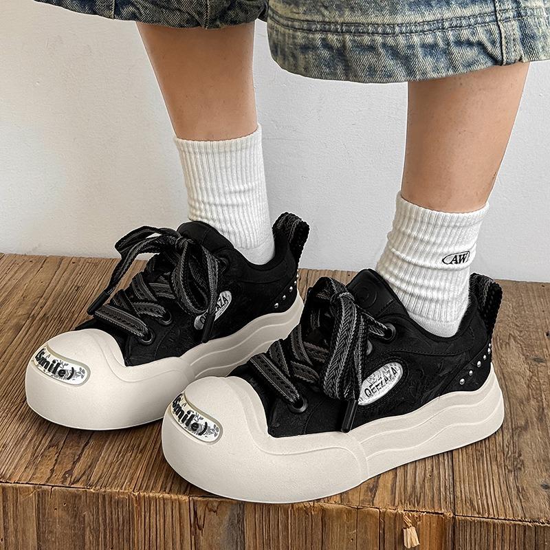 3858 silk pattern open smile canvas shoes new women's thick sole height increase ugly cute big head board shoes low top round head casual