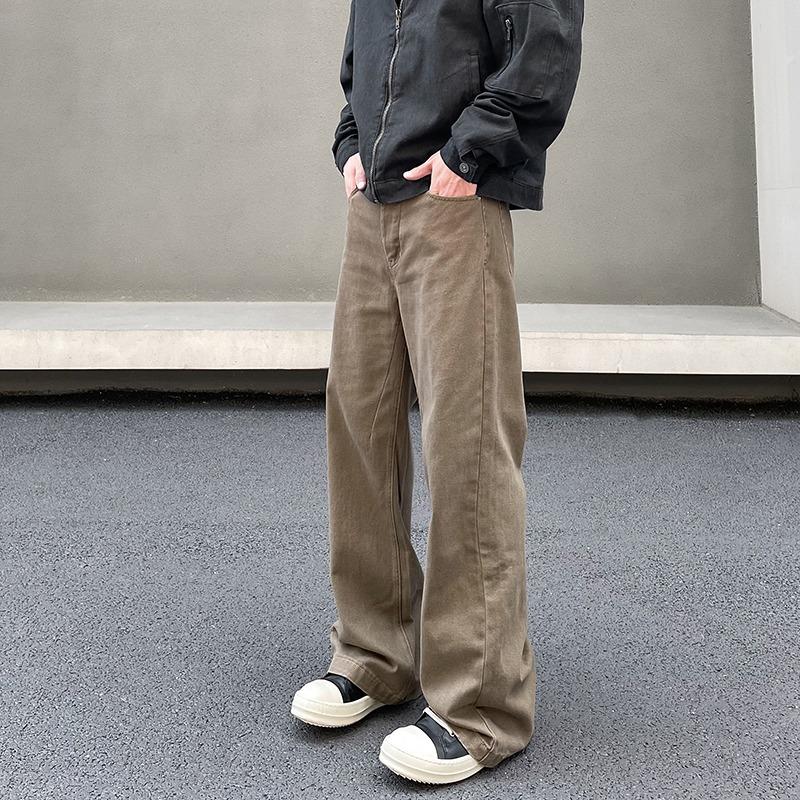 

Men s Color Block Wide Leg Jeans - Vintage Washed Contrast Panel Denim Pants for Street Style S коричневий