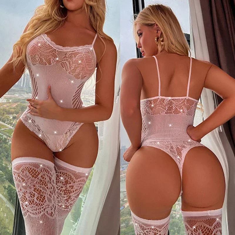 Porno Sexy Lingerie Rhinestone Fishnet Bodysuits Women Mesh Sexy Lingerie Transparent Jumpsuit Costume No Stocking
