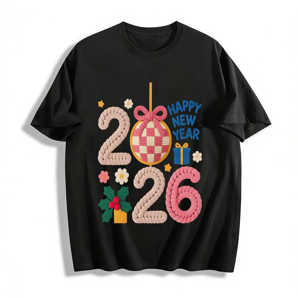 2026 Happy New Year Knit Style Print Casual Top Pure cotton T-shirt XXS