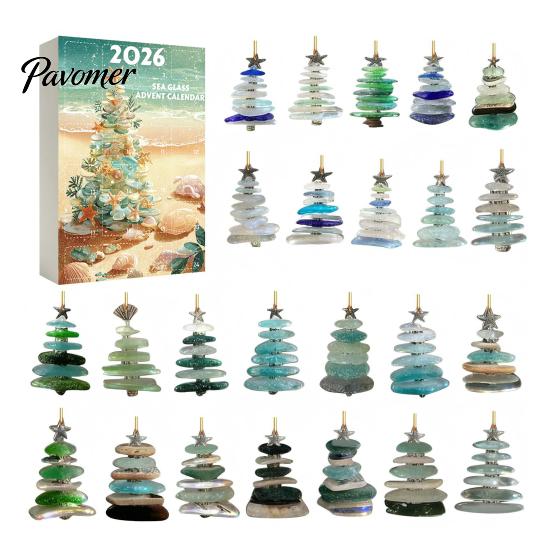 Ornamenti a Tema Oceanico Calendario dell'Avvento di Natale in Vetro Marino, Scatola Conto alla Rovescia di 24 Giorni con Accessori Decorativi Stagionali Ornamenti per Albero in Acrilico,