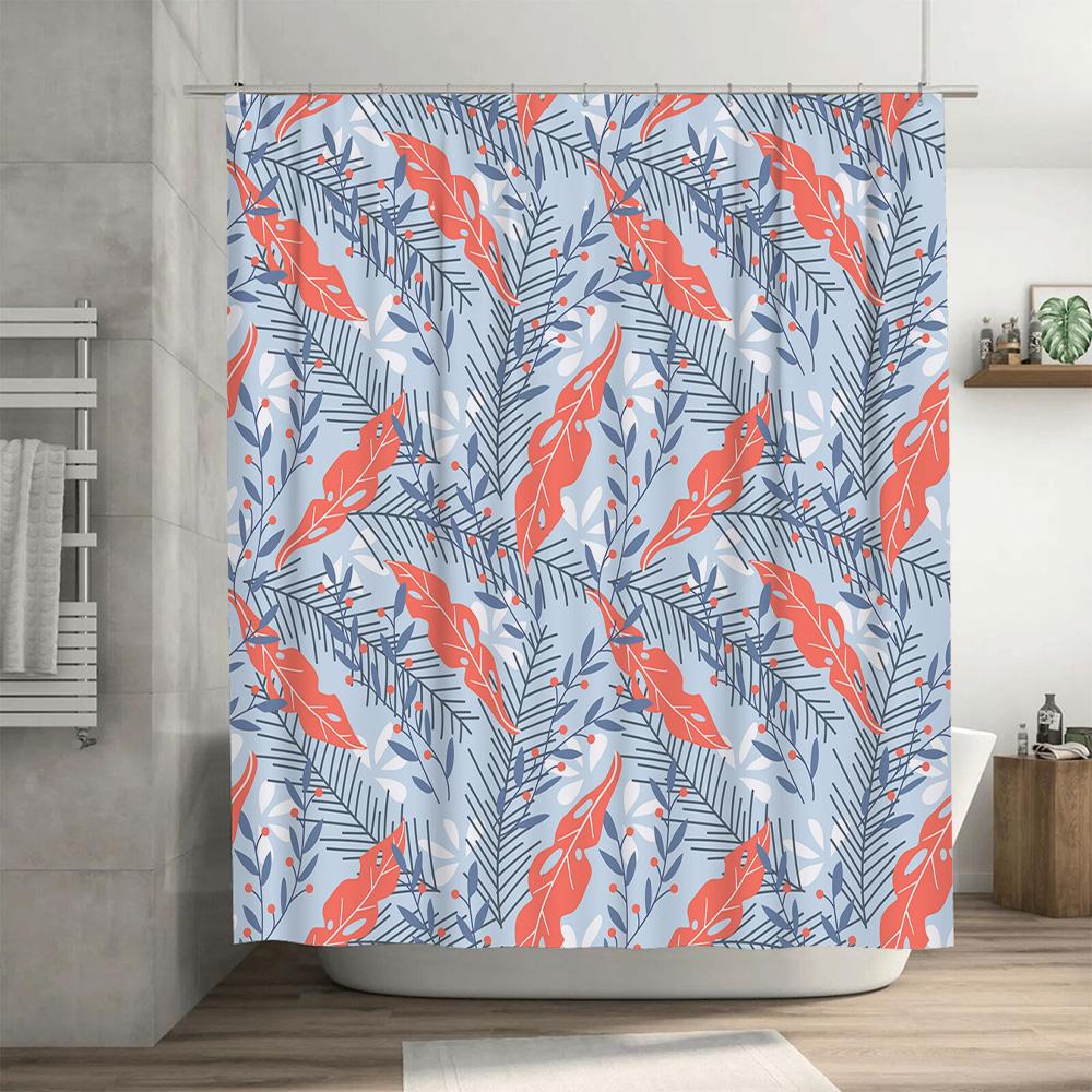 Blue Floral Leaf Shower Curtain Waterproof Bathroom Decor Home Accessories Customizable Size Modern Design Red Color